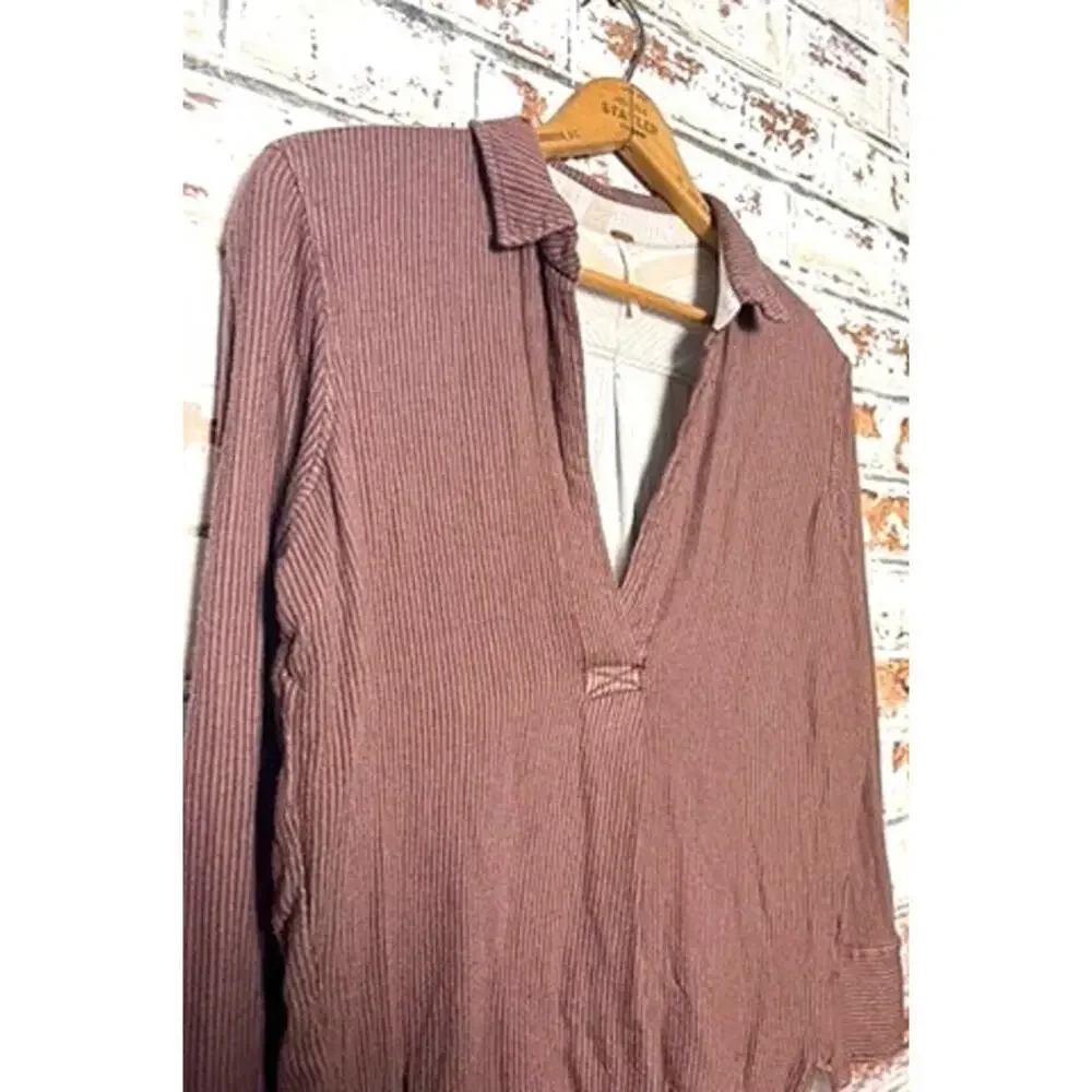 Free People On The Road Flowing Striped Collared Longline Popover Tunic Blouse